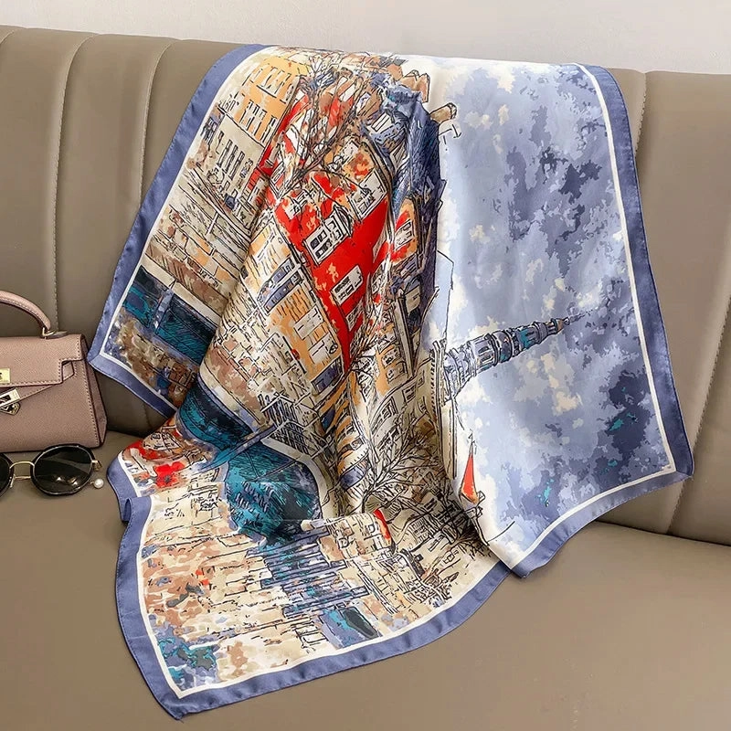 Luxury Design Print Silk Square Scarf Women Soft Satin Horse Hairband Neckerchief Office Hijab Headband Foulard Bag Ribbons Gift