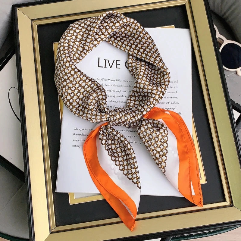Luxury Design Print Silk Square Scarf Women Soft Satin Horse Hairband Neckerchief Office Hijab Headband Foulard Bag Ribbons Gift