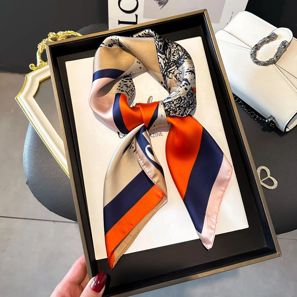 Luxury Design Print Silk Square Scarf Women Soft Satin Horse Hairband Neckerchief Office Hijab Headband Foulard Bag Ribbons Gift