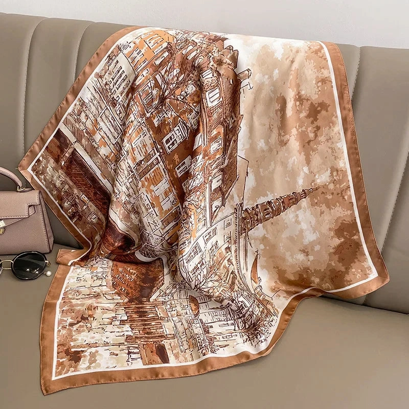 Luxury Design Print Silk Square Scarf Women Soft Satin Horse Hairband Neckerchief Office Hijab Headband Foulard Bag Ribbons Gift