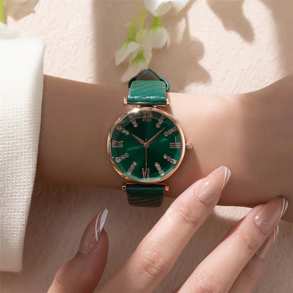 Luxury Ladies Diamond Roman Dress Quartz Watch Green Strap