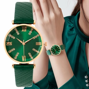 Luxury Ladies Diamond Roman Dress Quartz Watch Green Strap