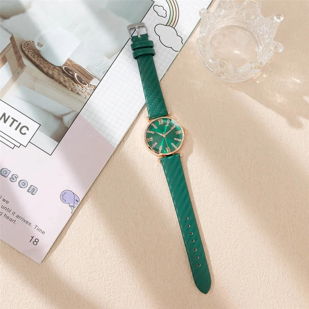 Luxury Ladies Diamond Roman Dress Quartz Watch Green Strap