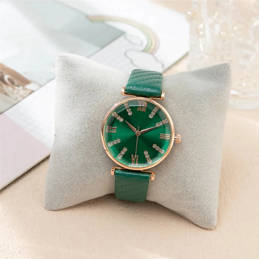 Luxury Ladies Diamond Roman Dress Quartz Watch Green Strap