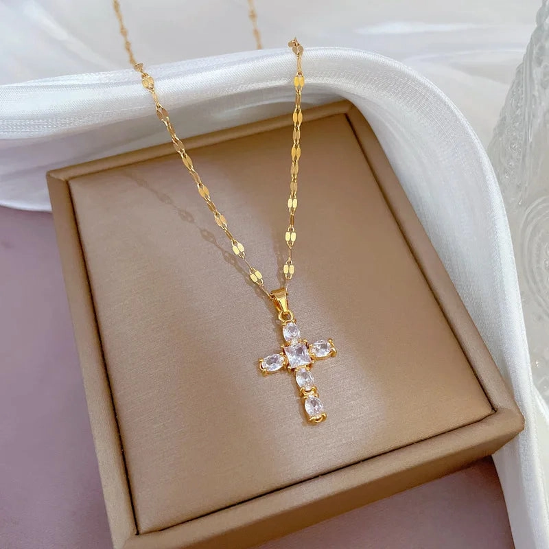 Luxury Shiny Pink Black Clear Zircon Cross Pendant Necklace