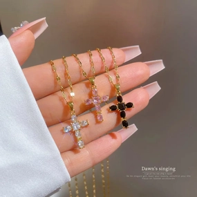 Luxury Shiny Pink Black Clear Zircon Cross Pendant Necklace