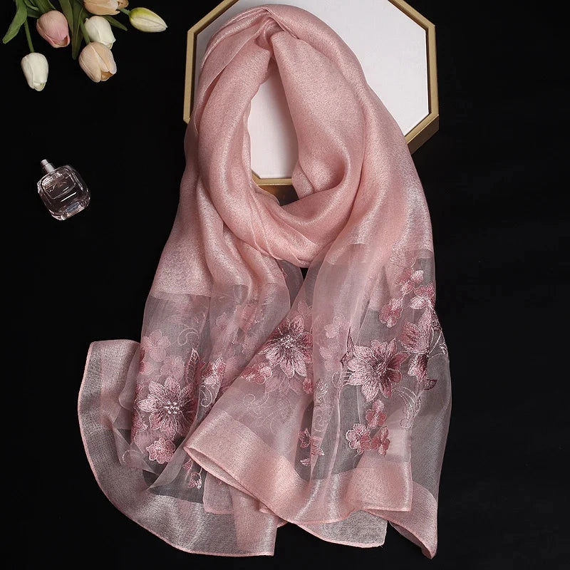 Luxury Silk Shawl Scarf for Women Embroidered Floral Hijab