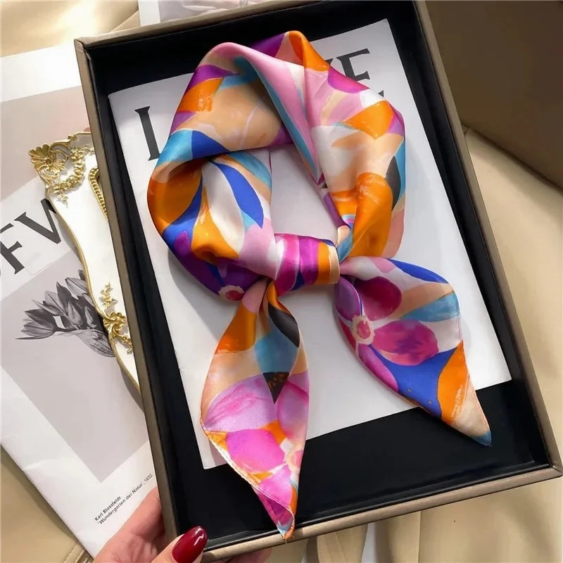 Luxury Silk Square Scarf for Women Cat Neck Tie Bandana 70cm