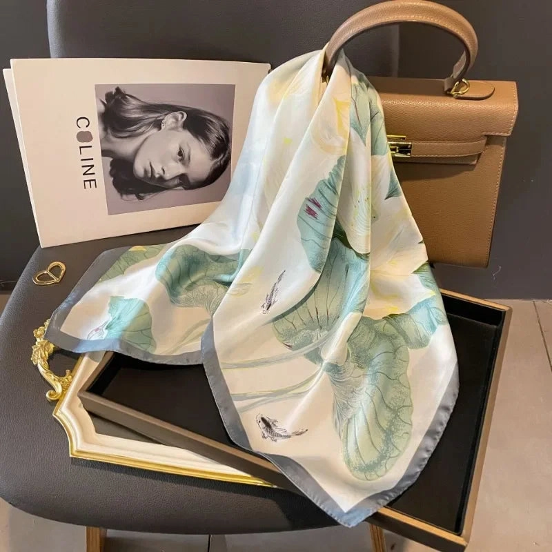 Luxury Silk Square Scarf for Women Cat Neck Tie Bandana 70cm