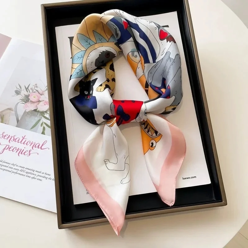 Luxury Silk Square Scarf for Women Cat Neck Tie Bandana 70cm