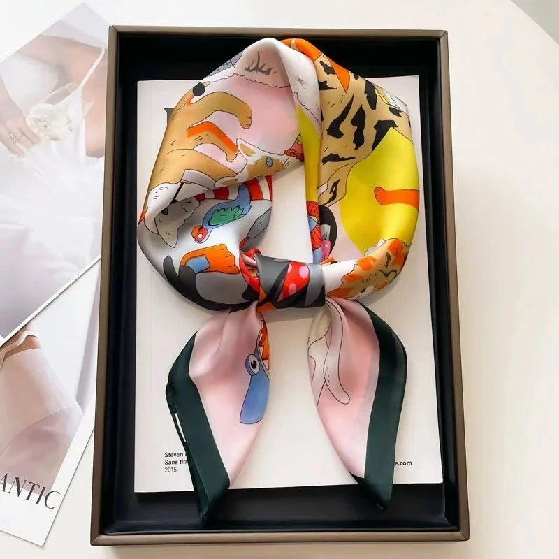 Luxury Silk Square Scarf for Women Cat Neck Tie Bandana 70cm