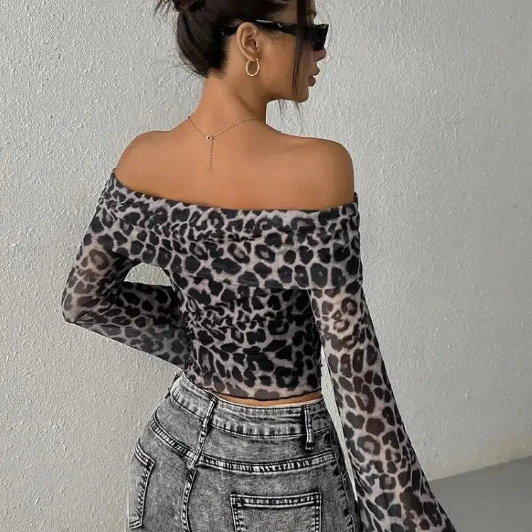 Lygens Leopard Print Long Sleeve Mesh Ruched Slim Crop Tshirt Top Casual Clothes Sexy Y2K Streetwear Manufacturer
