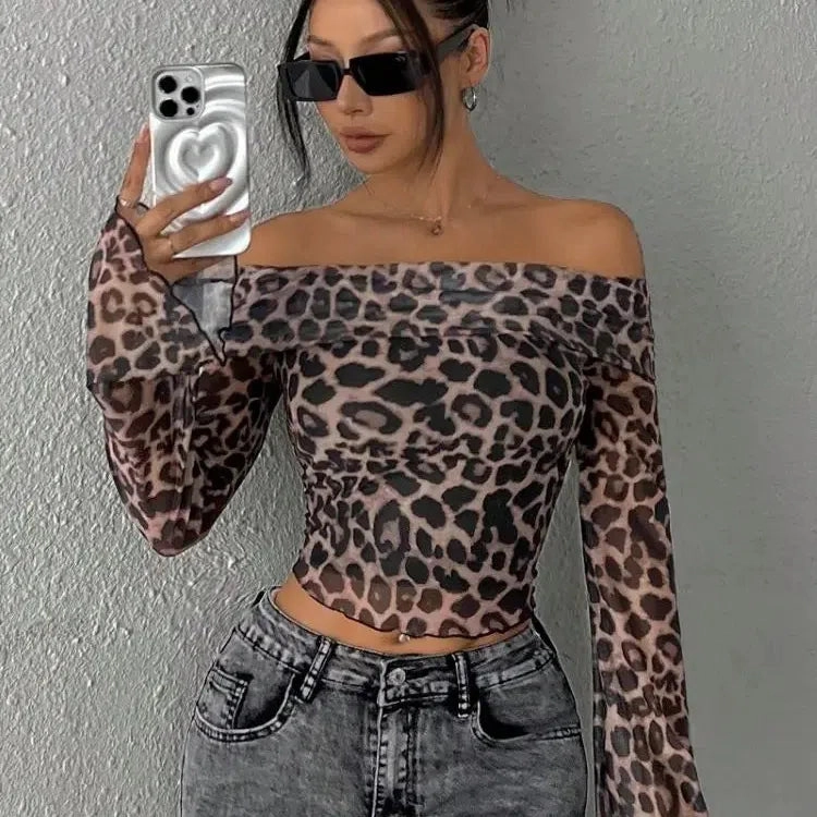 Lygens Leopard Print Long Sleeve Mesh Ruched Slim Crop Tshirt Top Casual Clothes Sexy Y2K Streetwear Manufacturer