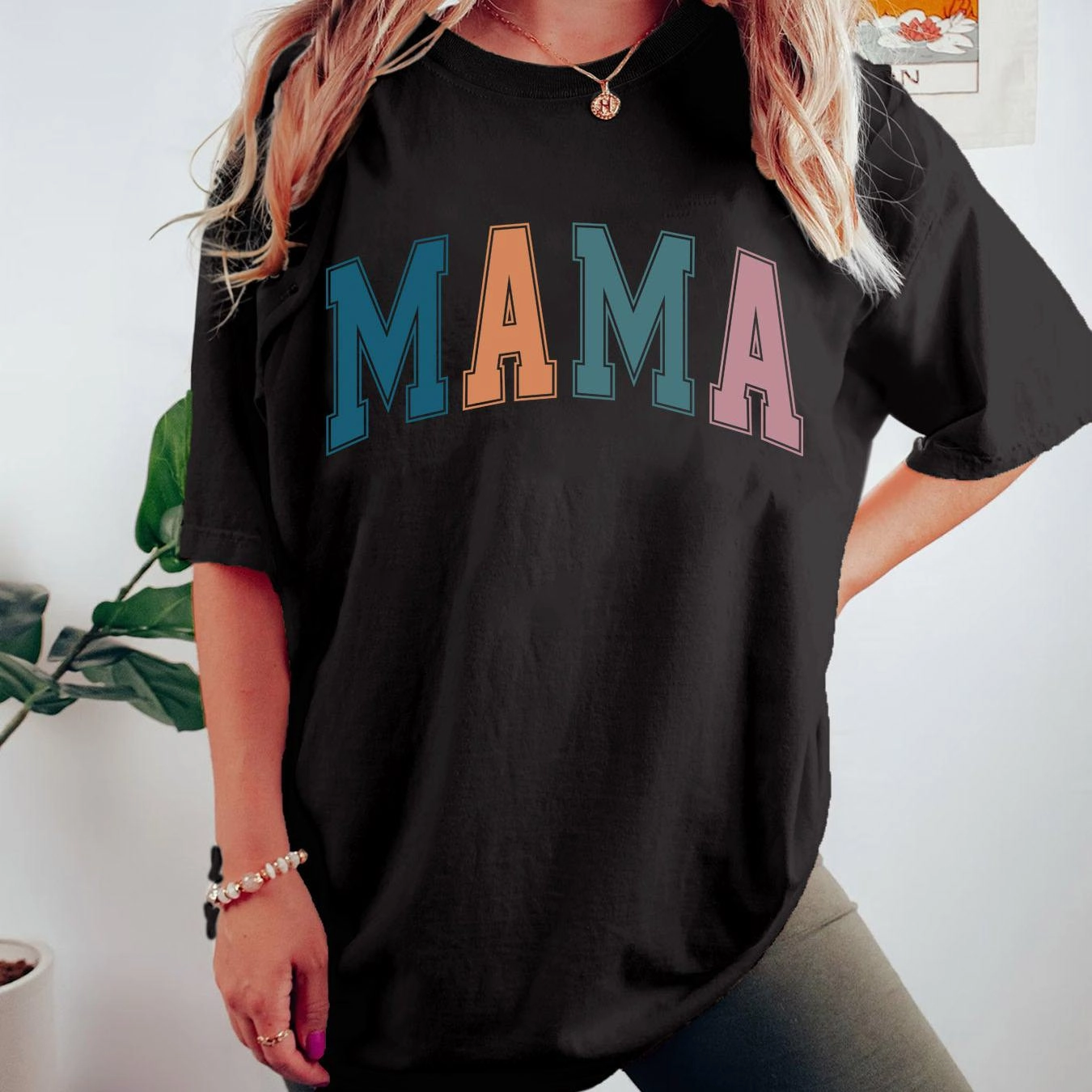 Mama Letter Print T-shirt, Short Sleeve Crew Neck Top