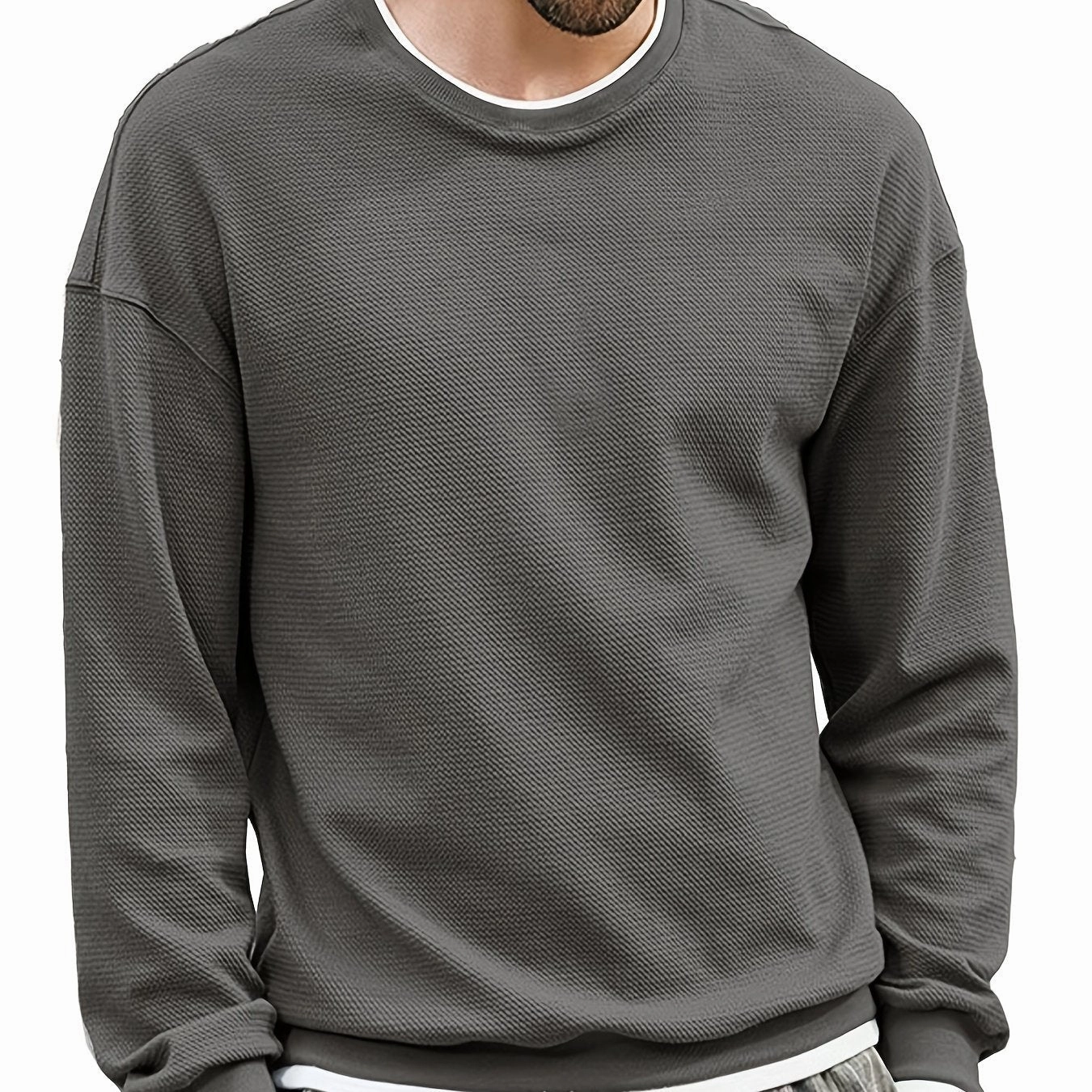 Mens Casual Fabric Texture Non Stretch Crew Neck Long Sleeves Pullover