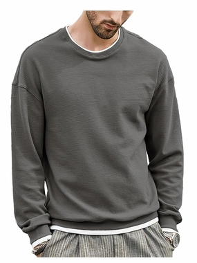 Mens Casual Fabric Texture Non Stretch Crew Neck Long Sleeves Pullover