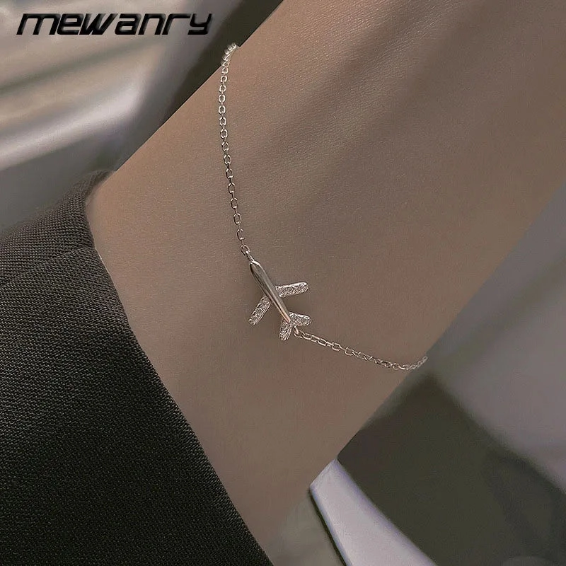 Mewanry Silver Color Sparkling Zircon Airplane Bracelet for Women Simple Elegant Jewelry Gifts Prevent Allergy