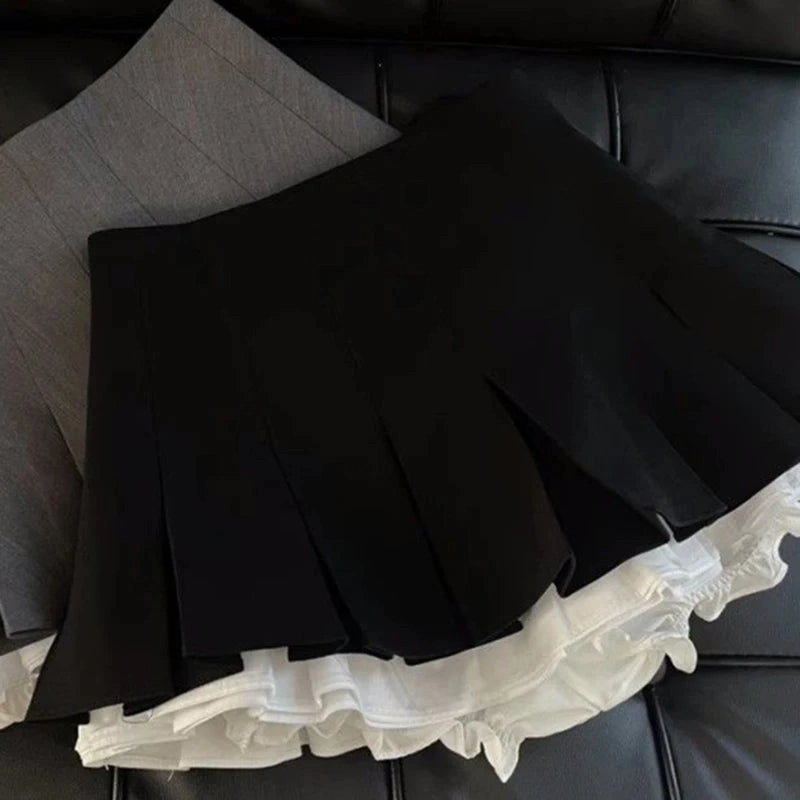 MEXZT Y2K Ruffles Black Mini Skirt Women High Waist Kawaii
