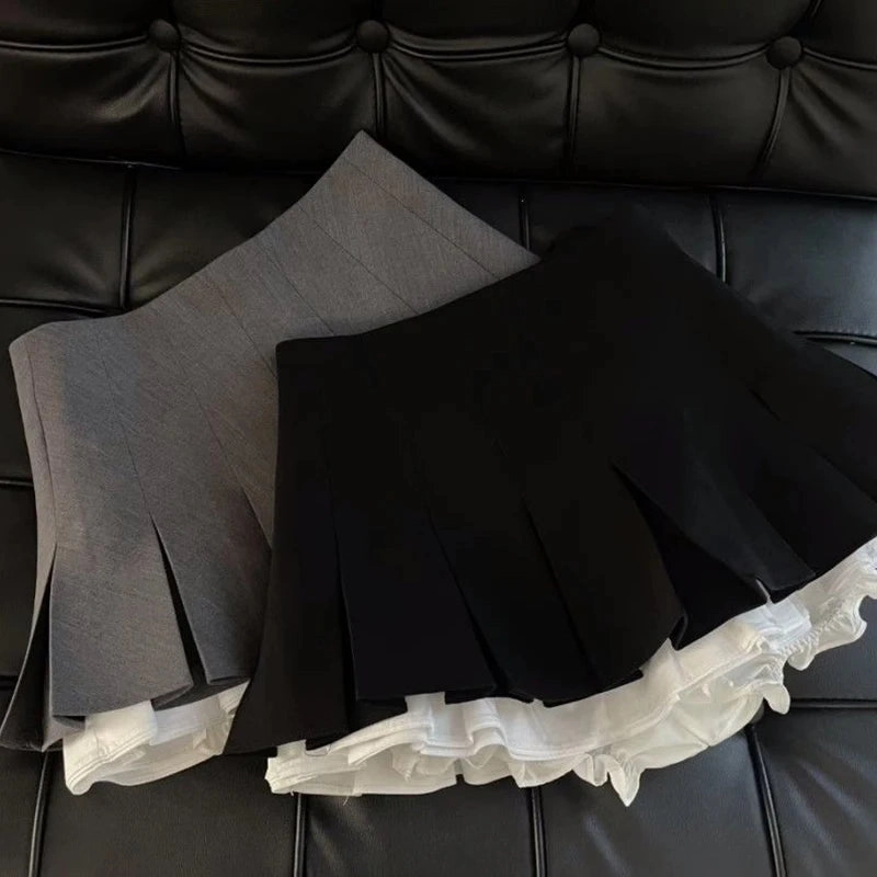 MEXZT Y2K Ruffles Black Mini Skirt Women High Waist Kawaii