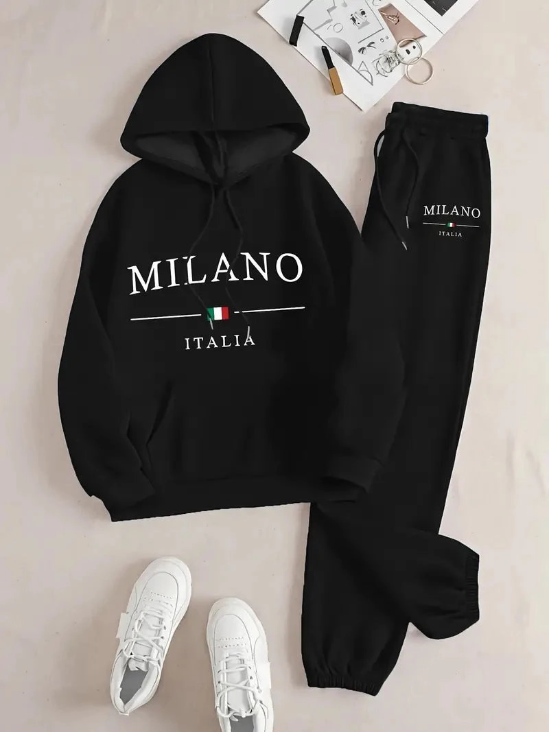 Milan Italian-Themed Women's Casual Sweatshirt and Sports Pants Set Long Sleeve Hoodie Knit Suit Perfect for Casual Outing and Lounging