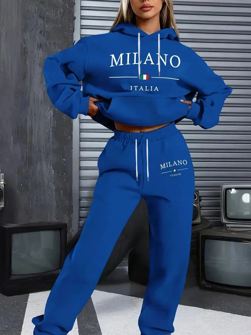 Milan Italian-Themed Women's Casual Sweatshirt and Sports Pants Set Long Sleeve Hoodie Knit Suit Perfect for Casual Outing and Lounging