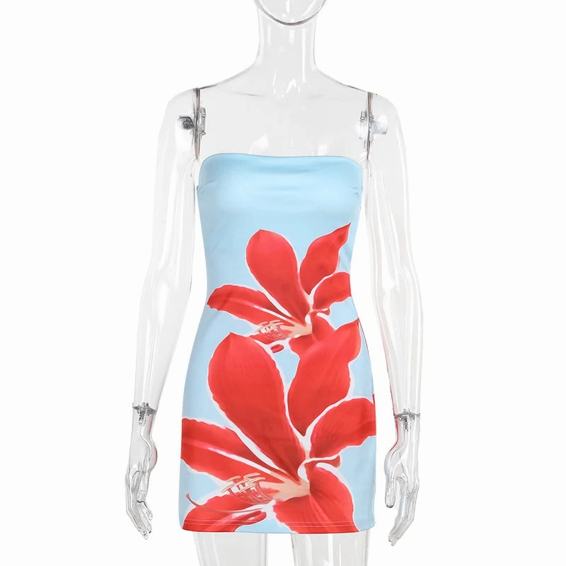 Mozision Strapless Backless Print Dress For Women Fashion Mini Bodycon Off-shoulder Club Party Wear