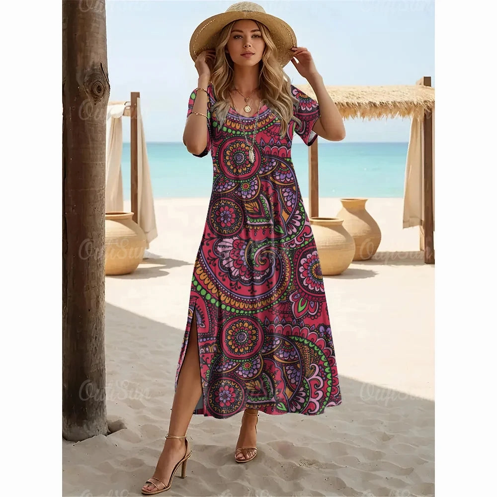 Multicolor Paisley Print Women's Plus Size Long Dresses