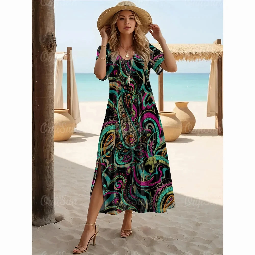 Multicolor Paisley Print Women's Plus Size Long Dresses