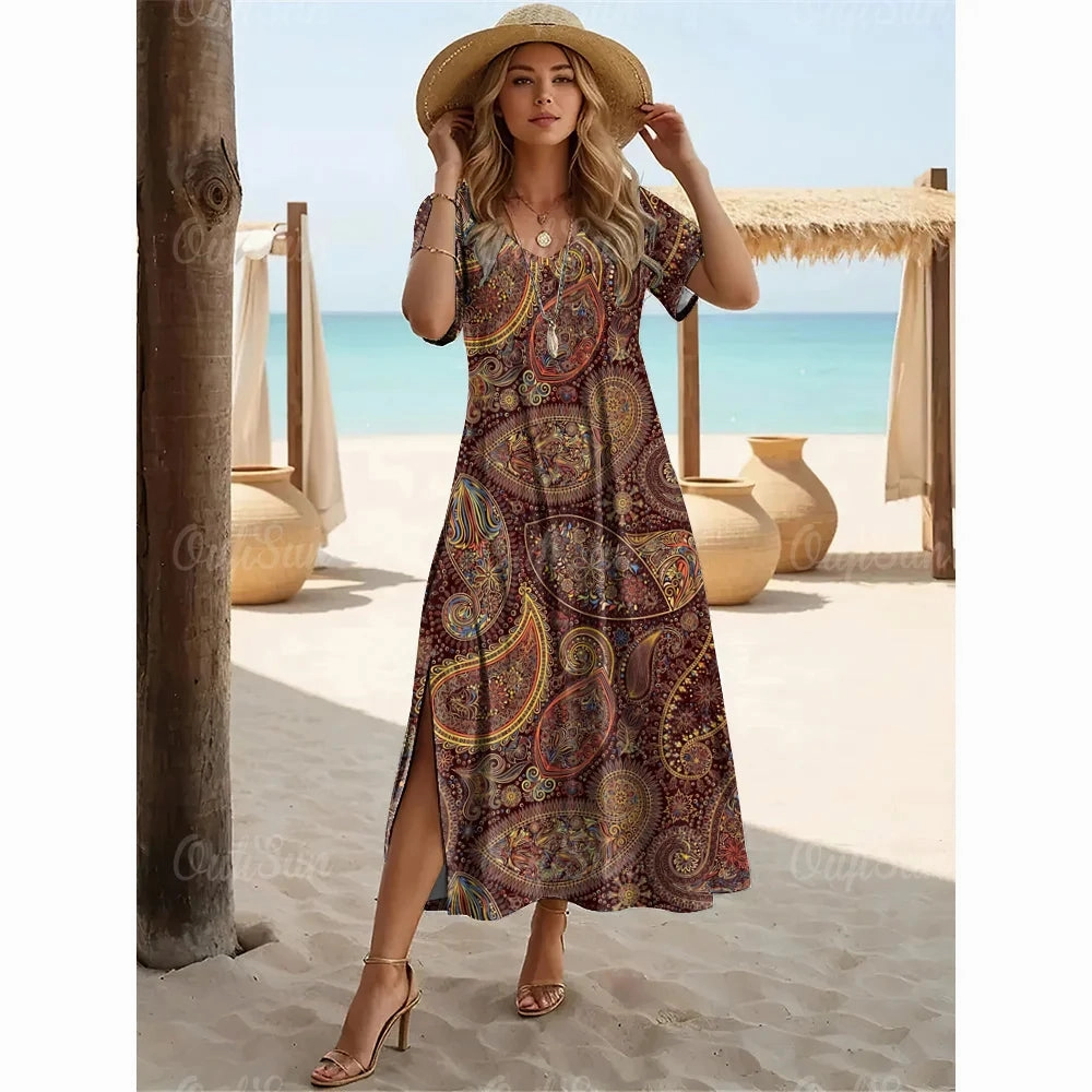 Multicolor Paisley Print Women's Plus Size Long Dresses