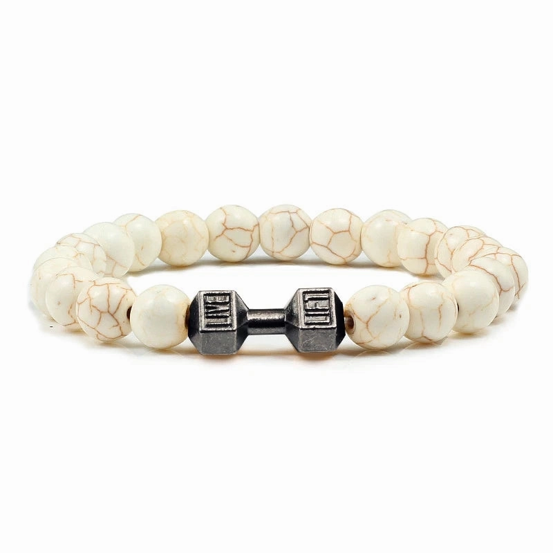 Natural Volcanic Stone Bracelet Men Matte Black Lava White Beads Fitness Jewelry