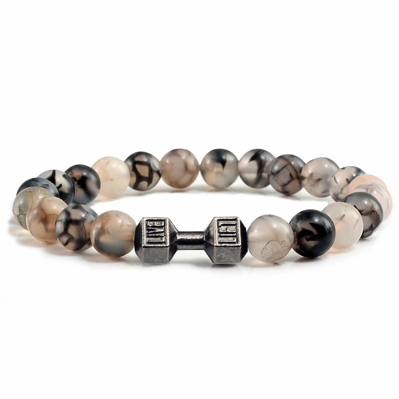 Natural Volcanic Stone Bracelet Men Matte Black Lava White Beads Fitness Jewelry