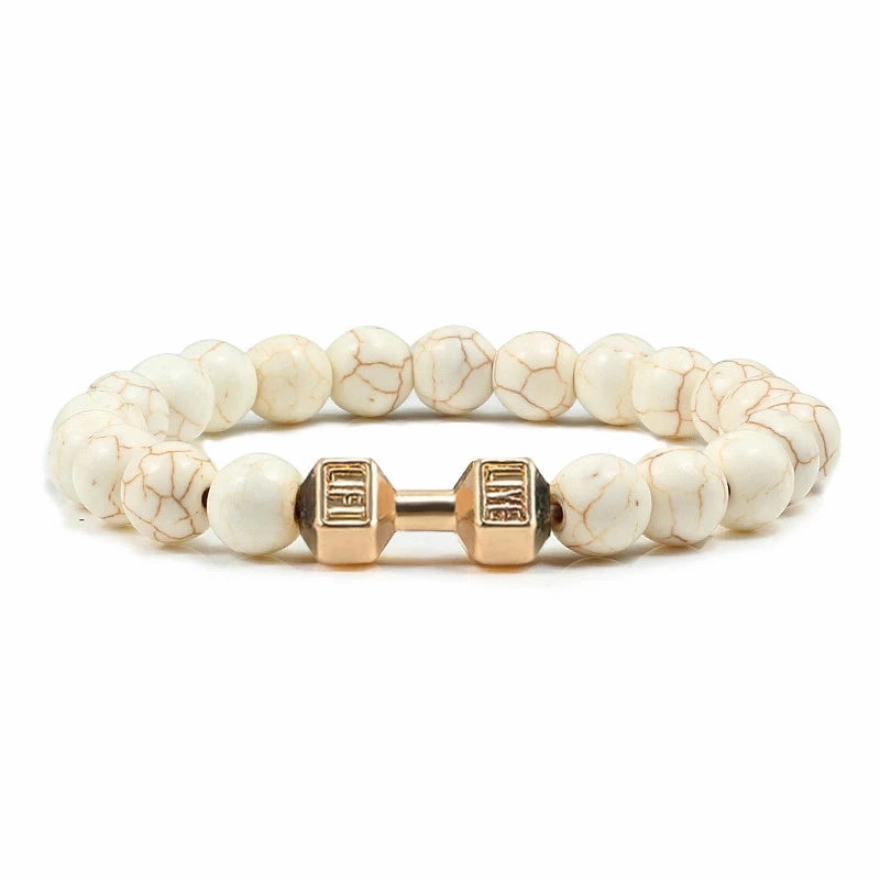 Natural Volcanic Stone Bracelet Men Matte Black Lava White Beads Fitness Jewelry
