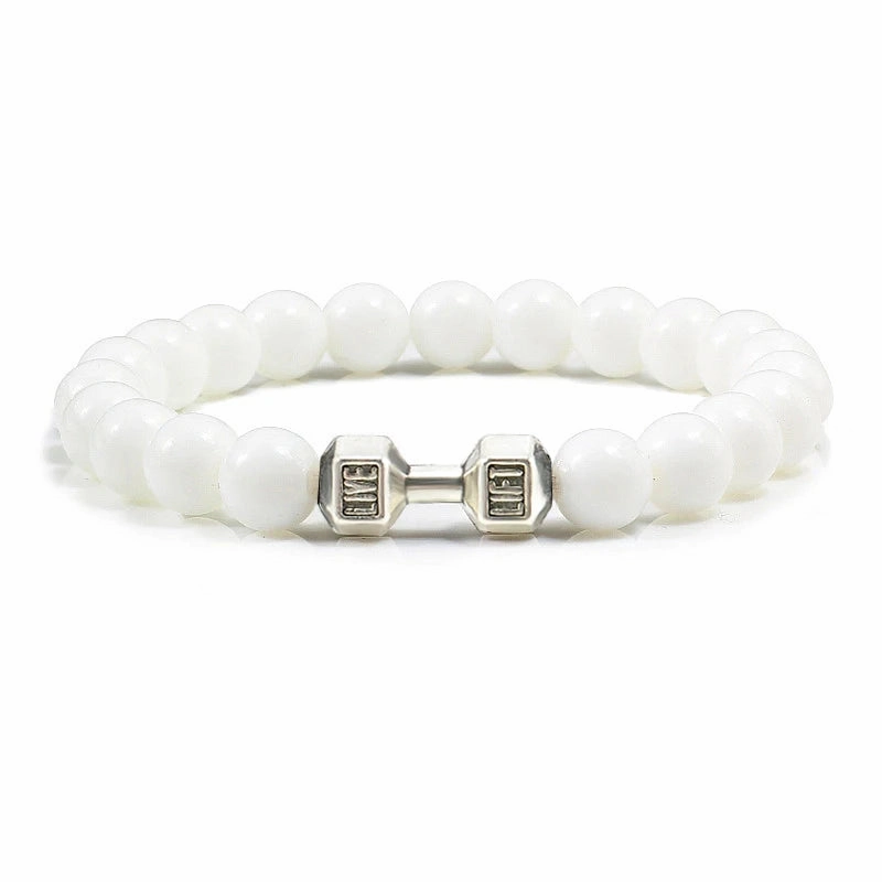 Natural Volcanic Stone Bracelet Men Matte Black Lava White Beads Fitness Jewelry