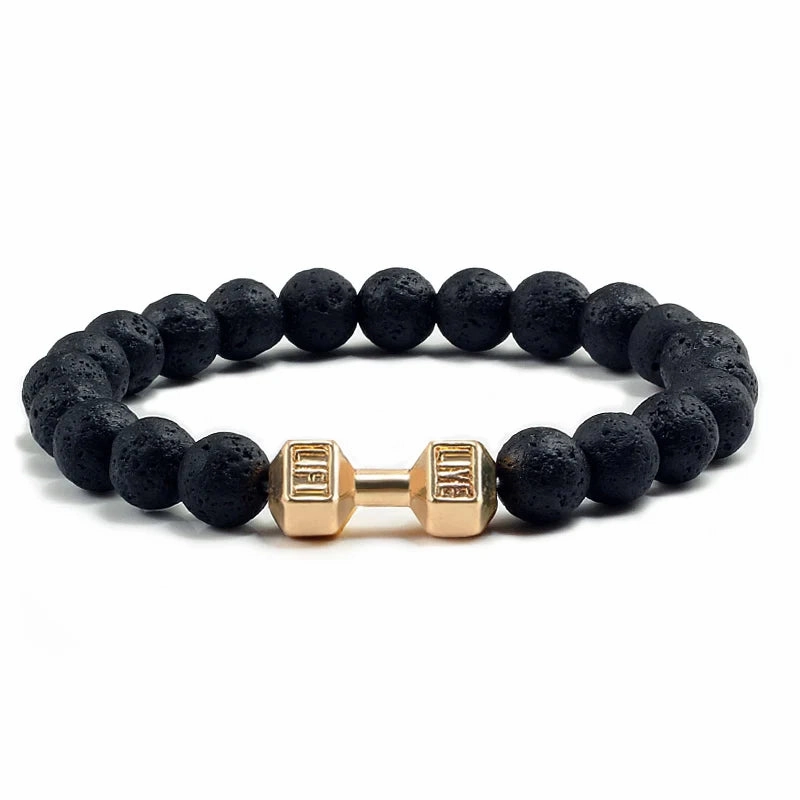 Natural Volcanic Stone Bracelet Men Matte Black Lava White Beads Fitness Jewelry
