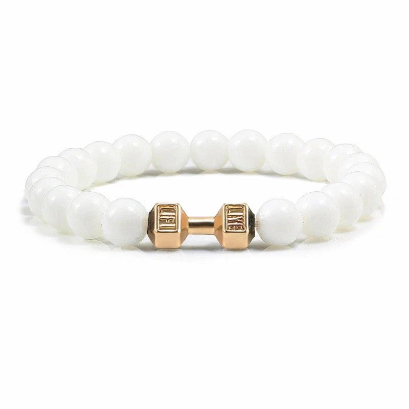 Natural Volcanic Stone Bracelet Men Matte Black Lava White Beads Fitness Jewelry