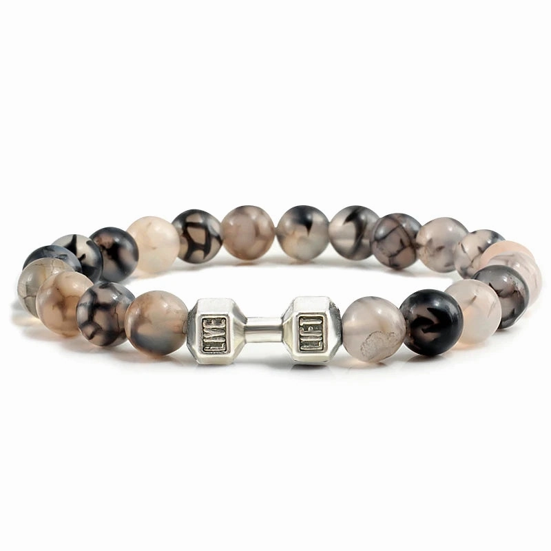Natural Volcanic Stone Bracelet Men Matte Black Lava White Beads Fitness Jewelry