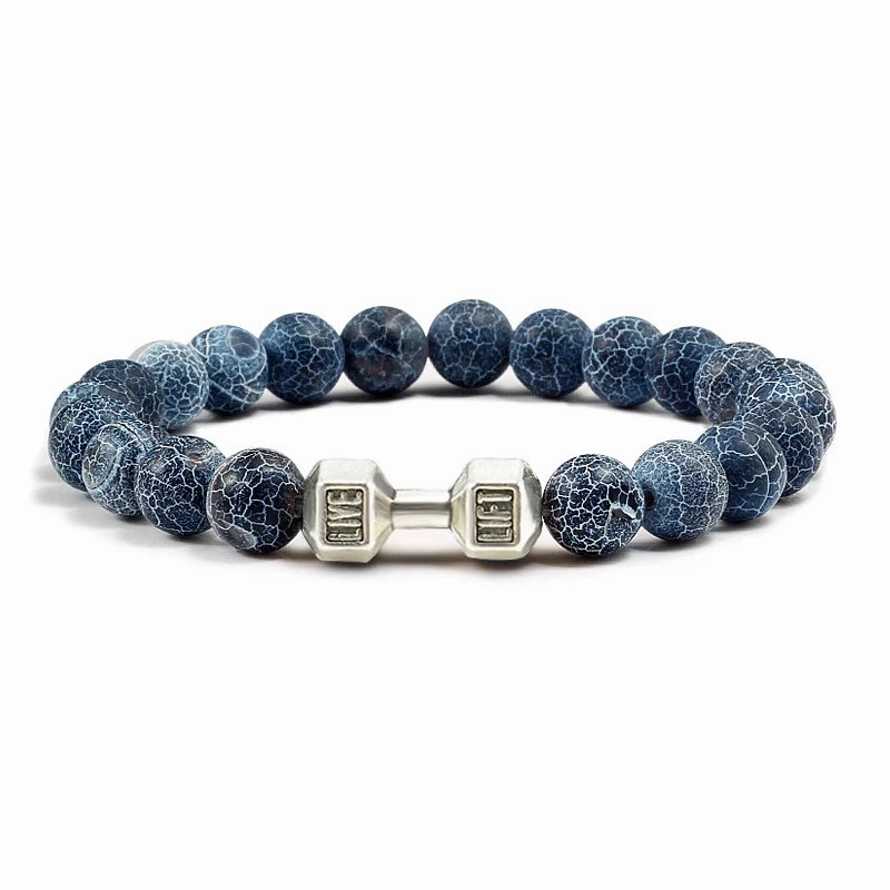 Natural Volcanic Stone Bracelet Men Matte Black Lava White Beads Fitness Jewelry