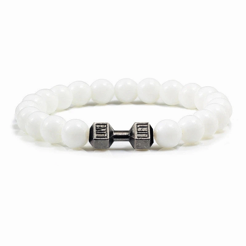 Natural Volcanic Stone Bracelet Men Matte Black Lava White Beads Fitness Jewelry