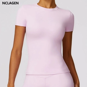 NCLAGEN Women Running Sports T Shirt Breathable Stretchy Active Top