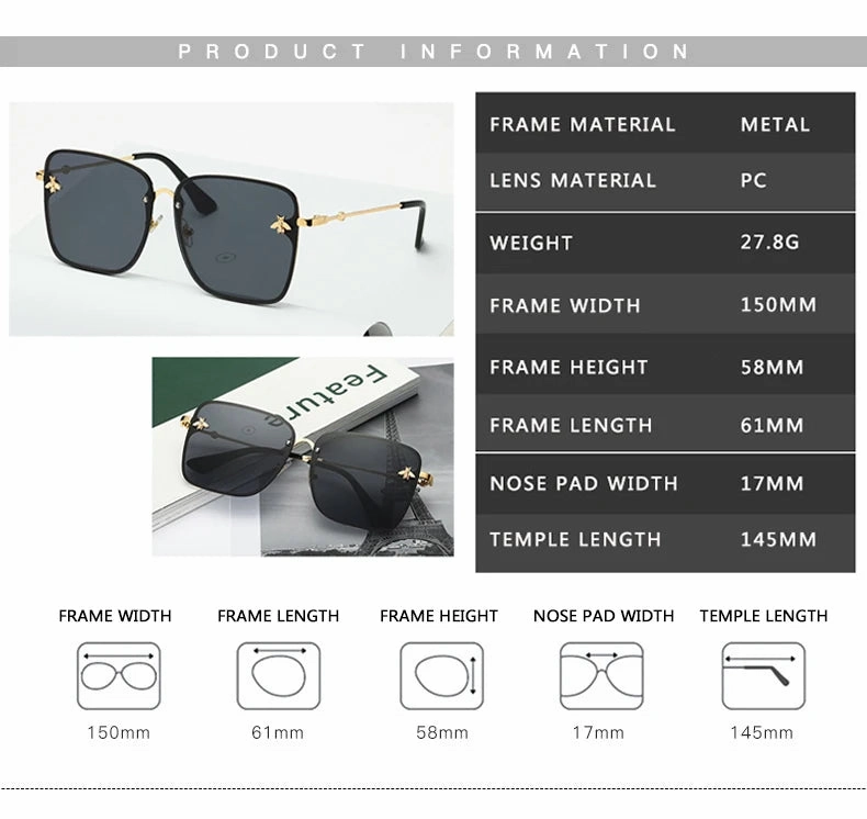 New Fashion Lady Oversize Rimless Square Bee Sunglasses UV400