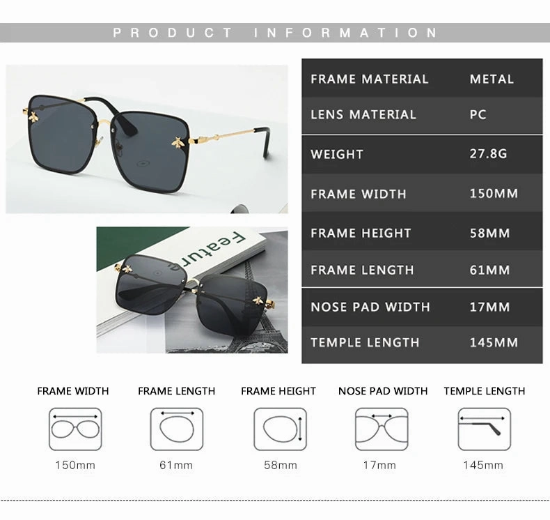 New Fashion Lady Oversize Rimless Square Bee Sunglasses UV400