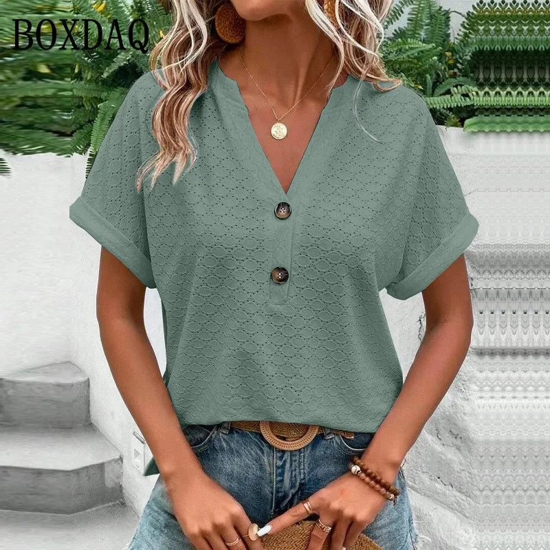 New Fashion Women Blouses Casual Short Sleeve V-Neck Solid Loose Shirts Summer Oversized Tops Female