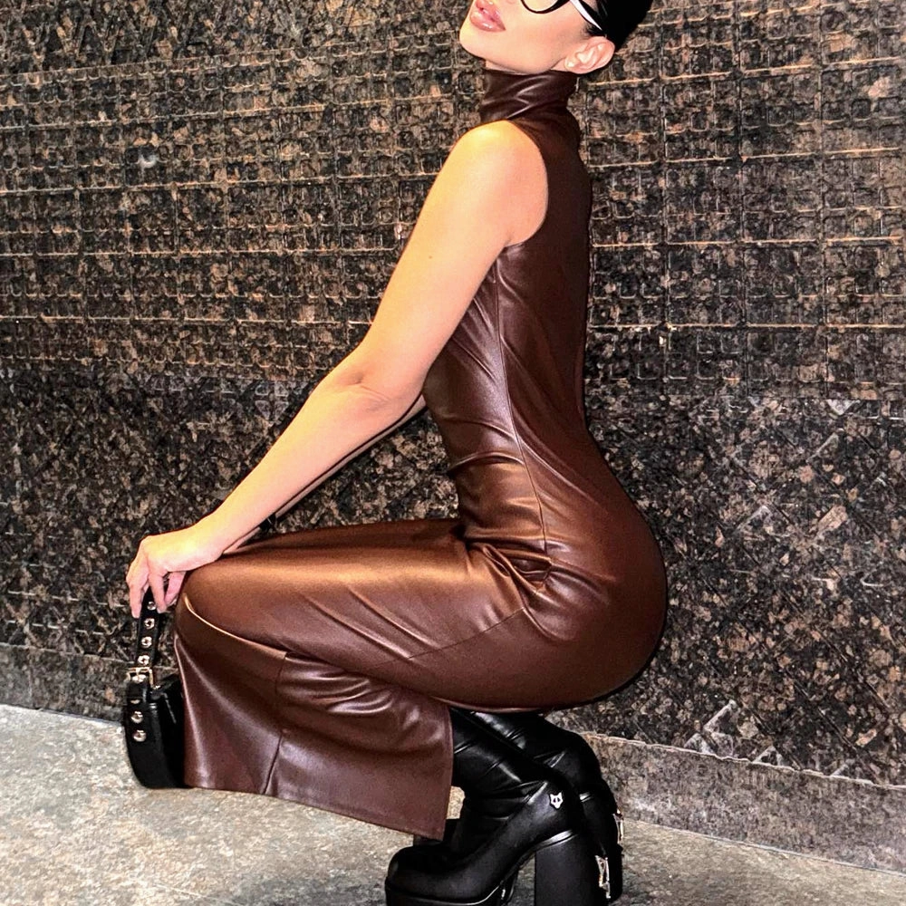 New Fashionable Solid Color Dark Brown High Neck Dress