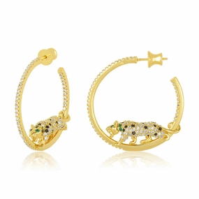 New Micro Pave 5A CZ Leopard Jaguar Charm Hoop Earrings