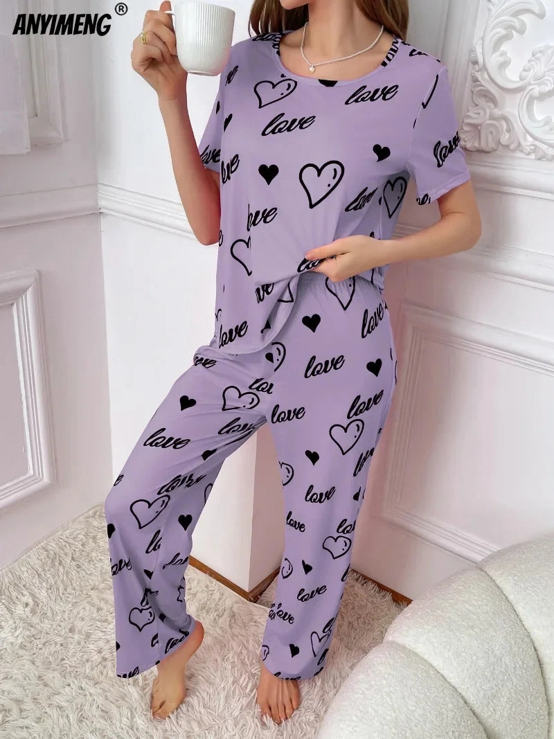 New Pajamas for Women Heart Print Purple Sleepwear Short Sleeves Long Pants Homewear
