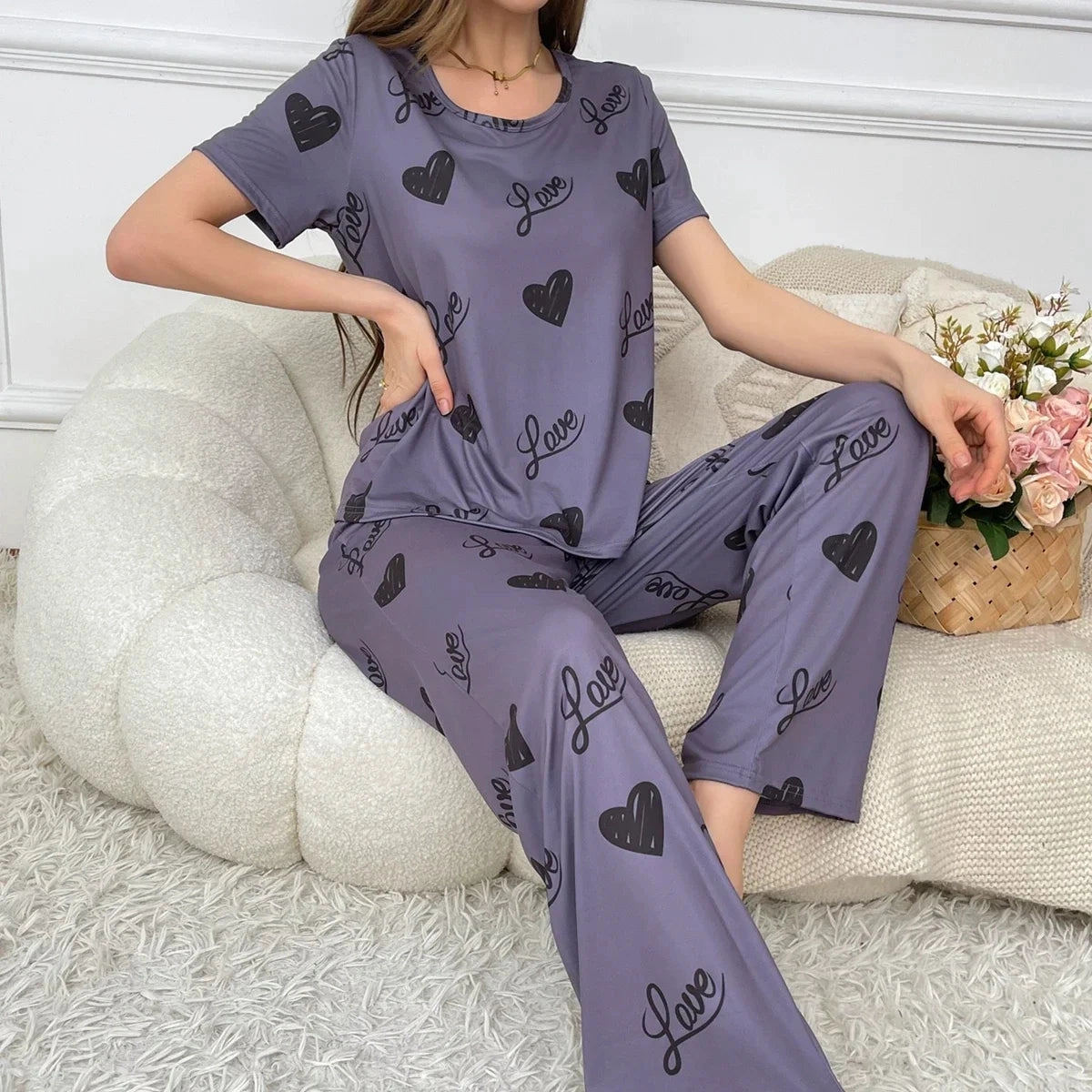 New Pajamas for Women Heart Print Purple Sleepwear Short Sleeves Long Pants Homewear