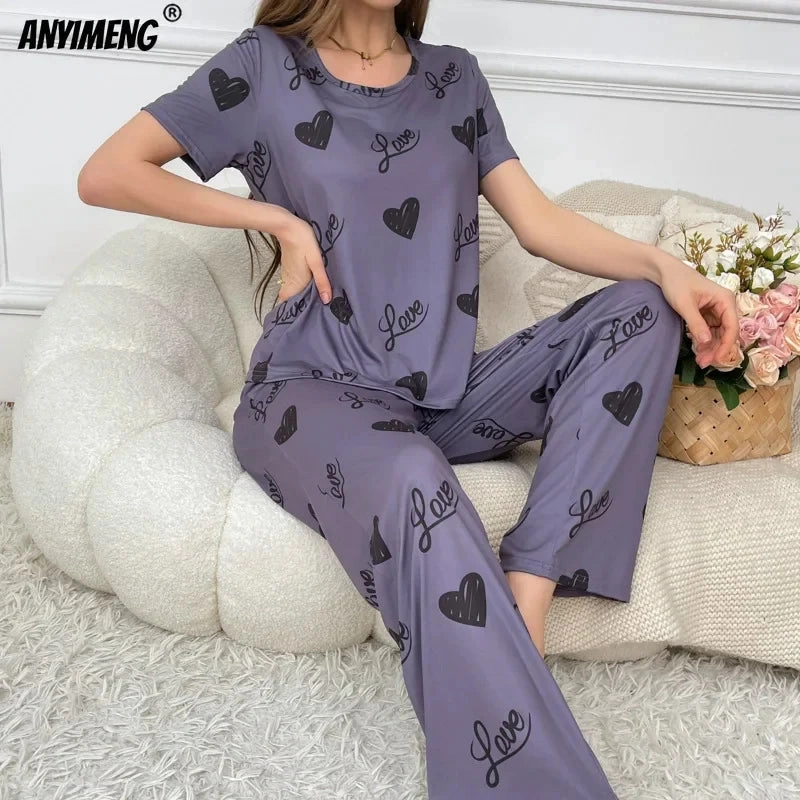 New Pajamas for Women Heart Print Purple Sleepwear Short Sleeves Long Pants Homewear