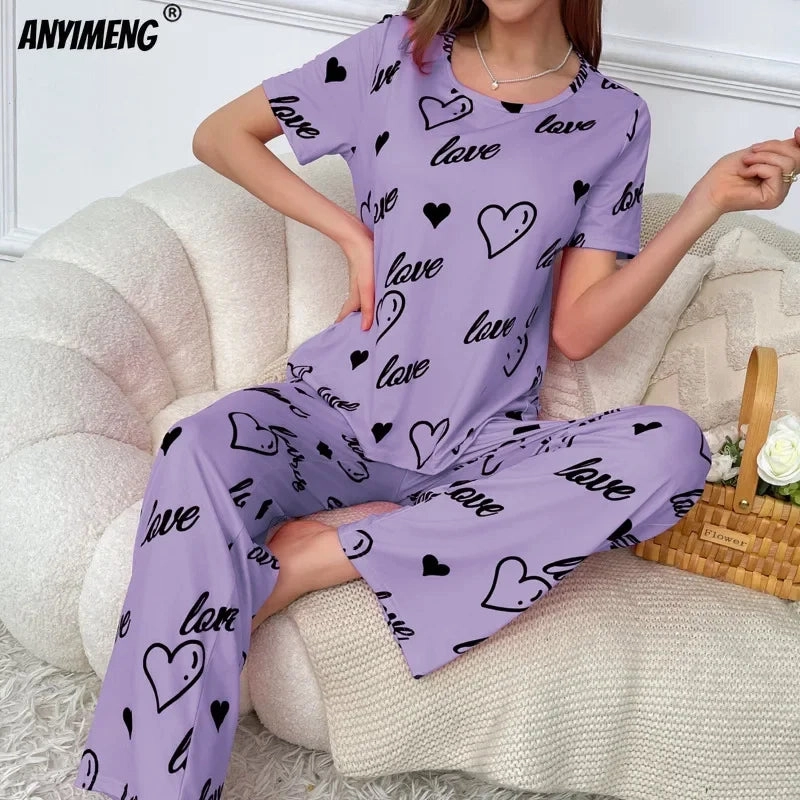New Pajamas for Women Heart Print Purple Sleepwear Short Sleeves Long Pants Homewear
