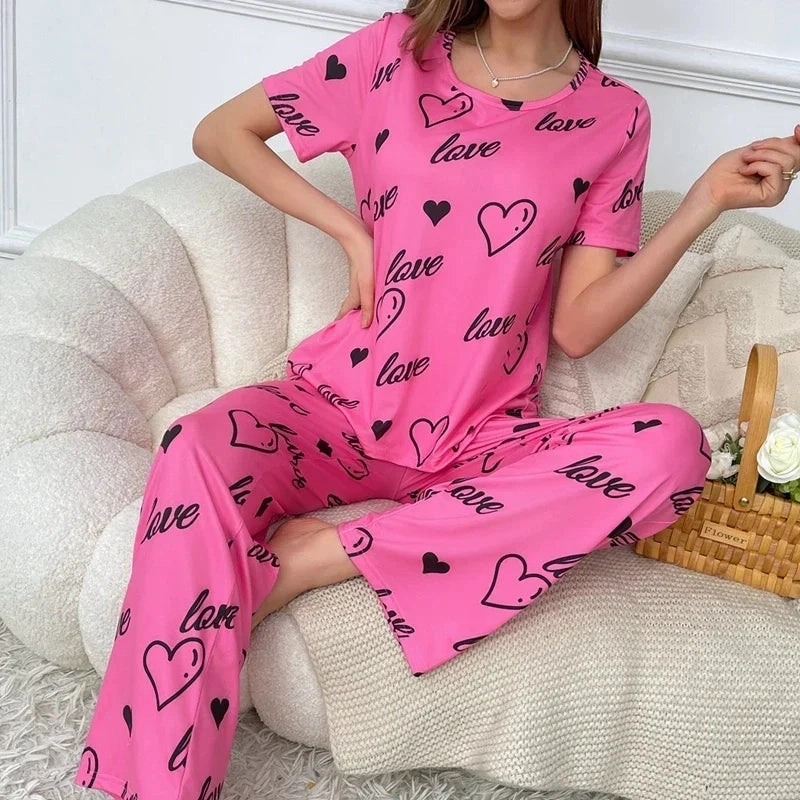 New Pajamas for Women Heart Print Purple Sleepwear Short Sleeves Long Pants Homewear