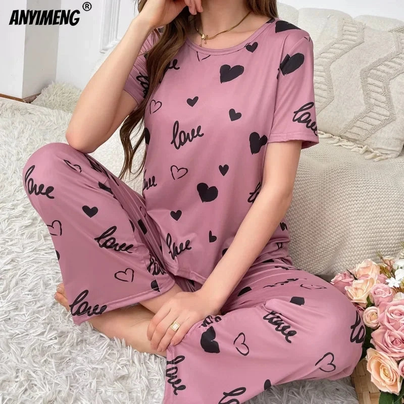 New Pajamas for Women Heart Print Purple Sleepwear Short Sleeves Long Pants Homewear